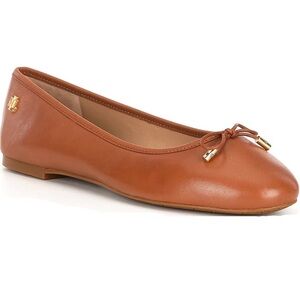 Ralph Lauren Jayna Deep Saddle Tan Leather Bow Ballet Flats Gold Detail Size 7